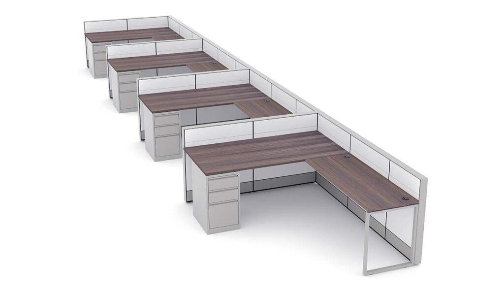 A Call Center Cubicle consisting of four connected workstations, each with an l-shaped worksurface and a filing cabinet underneath.