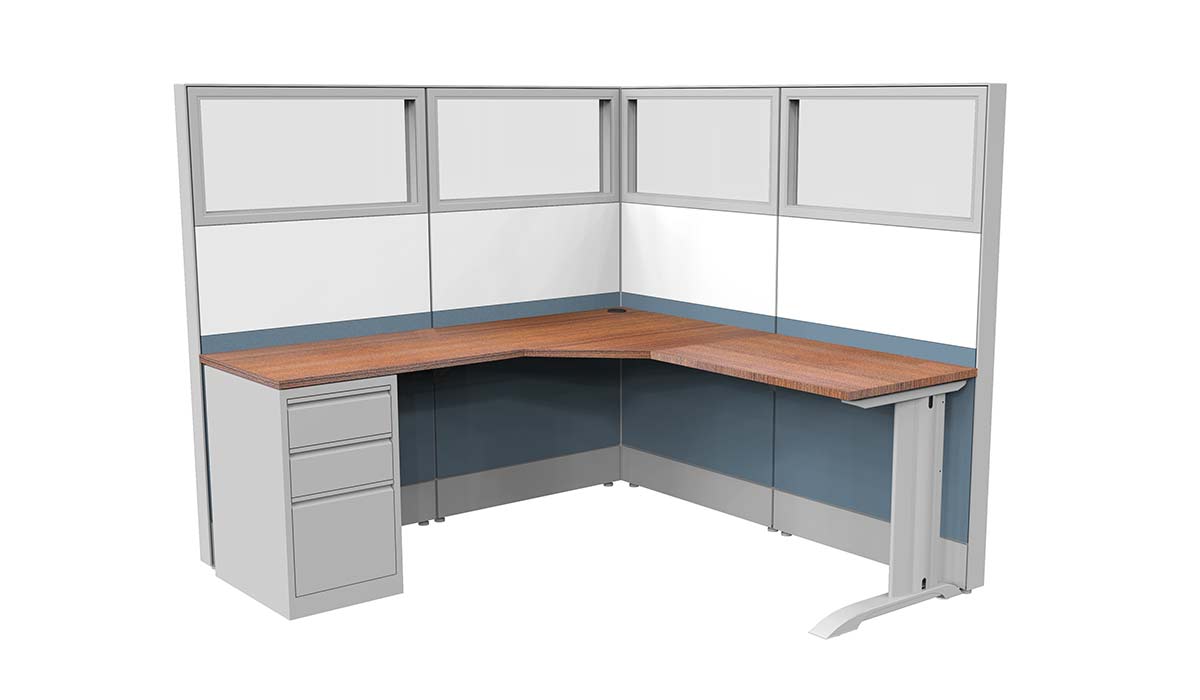 L-shaped Cubicle Desk with c-shaped leg, 90 degree worksurface, a small box/box/file cabinet under the worksurface.