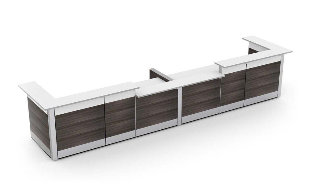 A 2-person reception desk with transaction shelves and file storage