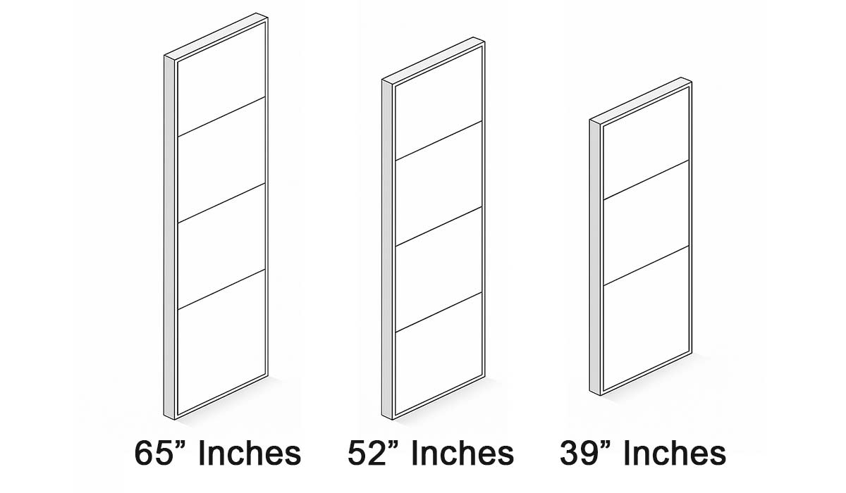 Render showing the three different heights of the sapphire cubicle wall system's panels. They include 39", 52", and 65".